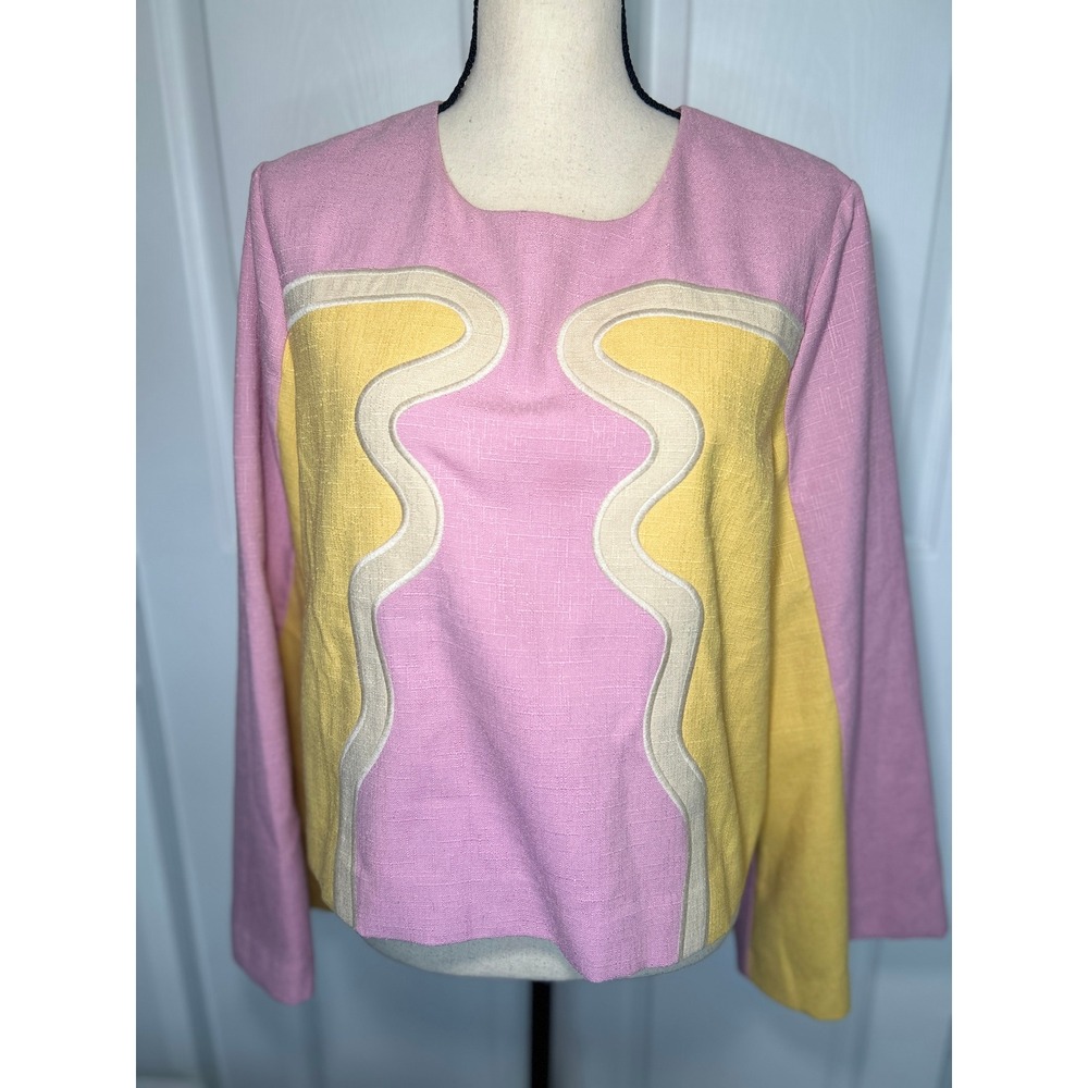 Tuckernuck Top Mod Retro Colorblock XL Pink Yellow Abstract Long Sleeve Boxy